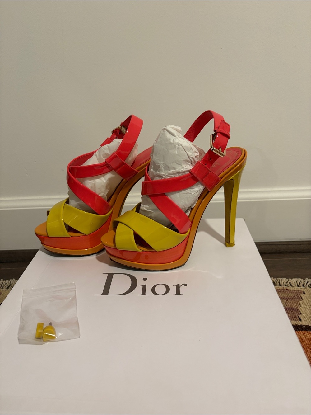 Dior RARE! Patent Leather Platform Sandals in Neon Pink & Yellow SZ 35.5